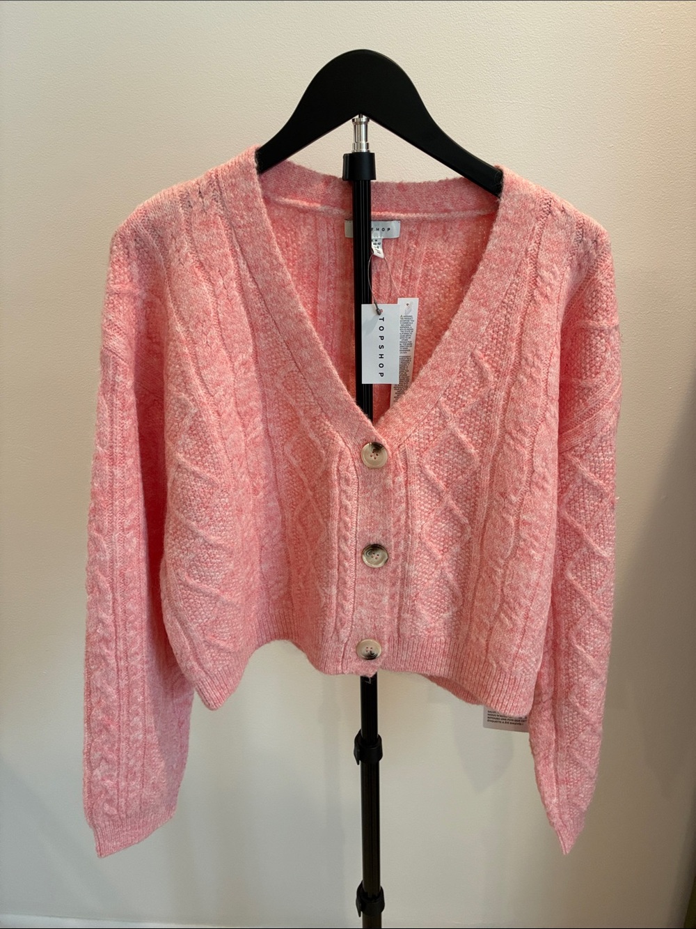 Topshop Soft Pink Cable Knit V-Neck Button-Up Cardigan